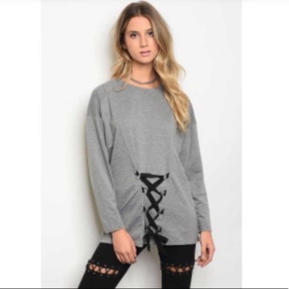 GREY LACE UP SWEATER TOP